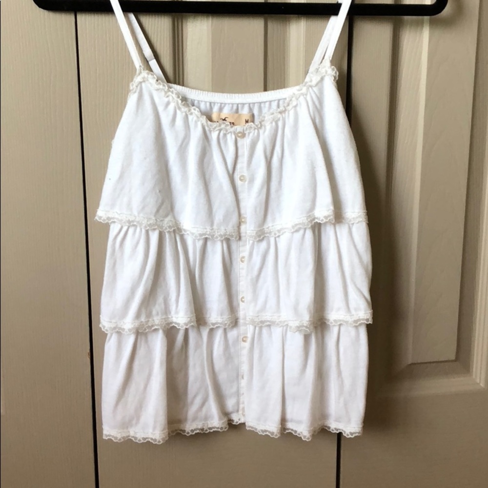 Hollister white ,ruffled, button down tank